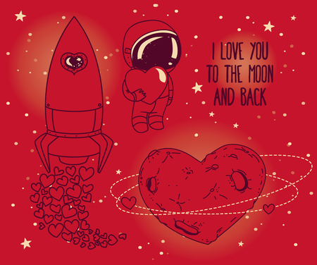 Set of cute hand drawn elements for valentine's day design: heart shaped planet in retro style, astronaut with heart and rocket, cosmic vector illustrationのイラスト素材
