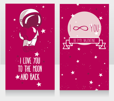 Cute hand drawn astronaut with heart, floating in space, card for love in valentine's day, cosmic vector illustrationのイラスト素材