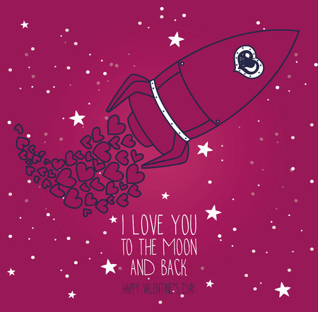 Cosmic card for valentine's day, doodle rocket with hearts on starry sky, vector illustrationのイラスト素材