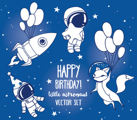 Set of cute fox with balloons, astronauts and rocket in space for birthday party in a cosmic style, vector illustrationのイラスト素材