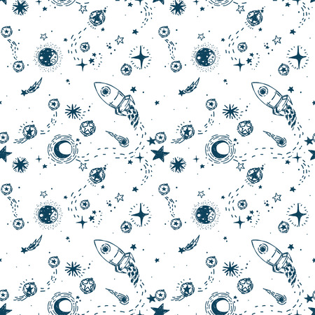 seamless pattern with sketch style stars, rockets, comets and planets, can be used for party or for space exploratioin program, vector illustrationのイラスト素材