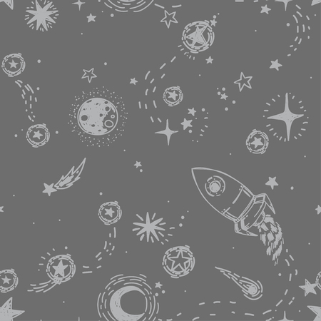 seamless pattern with sketch style stars, rockets, comets and planets, can be used for party or for space exploratioin program, vector illustrationのイラスト素材