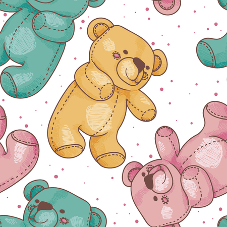 seamless pattern with cute teddy bears, sketch style vector illustrationのイラスト素材