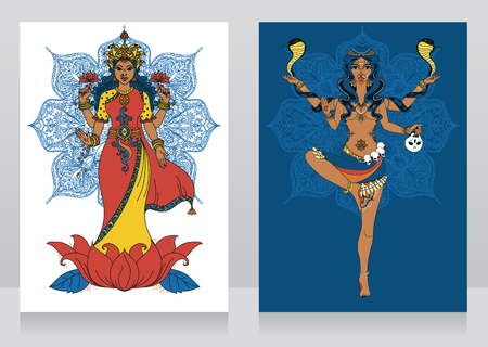 two cards with indian goddess Lakshmi and Kali and mandala round ornament, vector illustrationのイラスト素材
