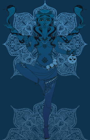 Dancing indian goddess Kali with two snakes and traditional mandala round pattern, vector illustrationのイラスト素材