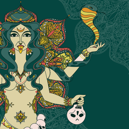 indian goddess Kali with snake, skull and mandala round ornament, vector illustrationのイラスト素材