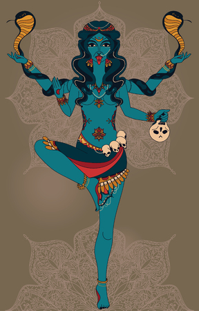 Dancing indian goddess Kali with two snakes and traditional mandala round pattern, vector illustrationのイラスト素材