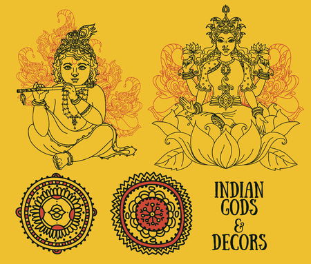 Set of vector illustrations with Little Krishna, Lakshmi and ethnic ornamentsのイラスト素材