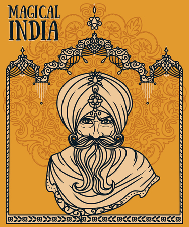 Portrait of Indian man in turban and traditional indian arch, vector illustration.のイラスト素材