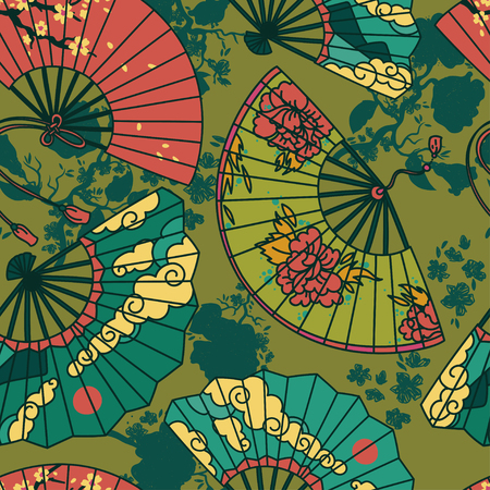 Seamless pattern with traditional asian hand-paper fans with beautiful ornaments and sakura flowers, vector illustration.のイラスト素材
