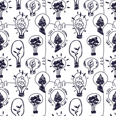 Seamless pattern for environmental protection, ecology concept with lightbulb and plants inside, vector illustration in sketch style.のイラスト素材