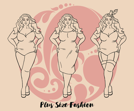 Beautiful European woman with curves, plus size model in three looks on white background, vector illustrationのイラスト素材