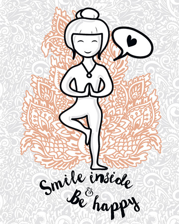 Banner for yoga, doodle woman in yoga asana and paisley ornament, vector illustrationのイラスト素材