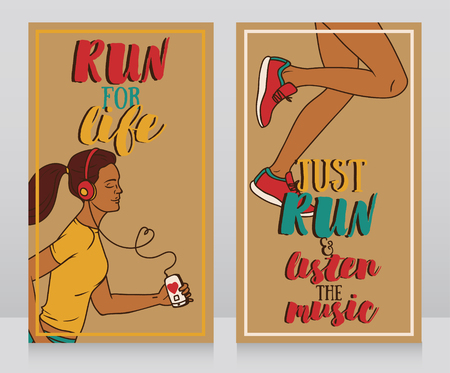 two cards for charity marathon, silhouette of running woman, can be used as posters for girl power, vector illustrationのイラスト素材