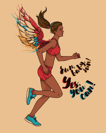 Running young and slim woman with fantasy wings vector illustrationのイラスト素材