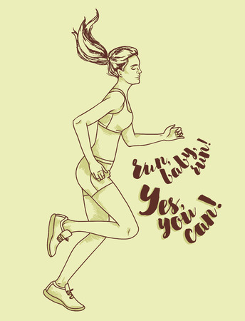 Running young and beautiful woman, sketch style vector illustrationのイラスト素材