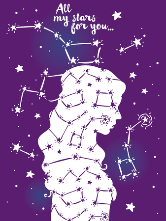 "All my stars for you" poster, starry woman's silhouette on a cosmic background, vector illustrationのイラスト素材