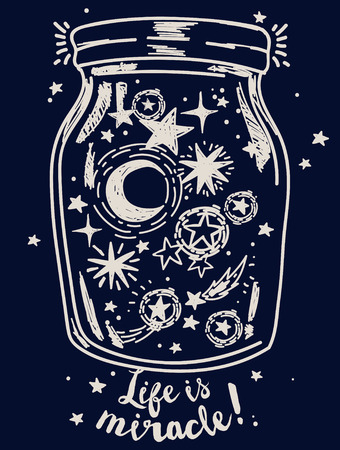 Poster for miracles, magical jar with stars and moon inside, sketch style, vector illustrationのイラスト素材