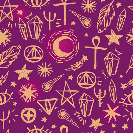 mystical seamless pattern, sketch, magic symbols, vector illustrationのイラスト素材