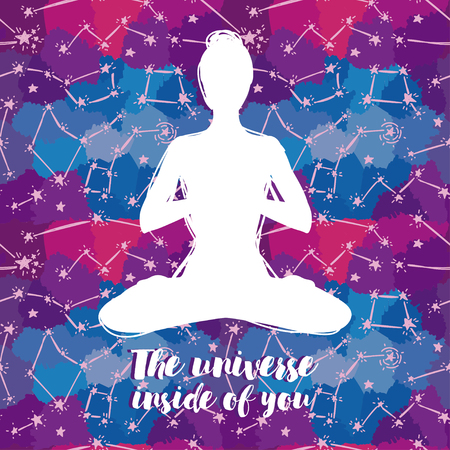 Artistic poster for yoga, "The Universe inside of you" card, woman in lotus asana on starry background, vector illustrationのイラスト素材
