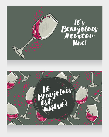 Two posters for Beaujolais Nouveau, can be used as menu cover for wine bar or as invitations for wine party, vector illustrationのイラスト素材