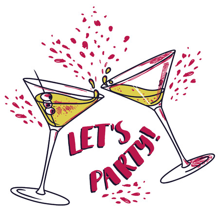"Let's party!" poster with two cocktails vector illustration in sketch styleのイラスト素材