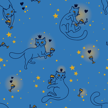seamless pattern with doodle cats drinking wine, vector illustrationのイラスト素材