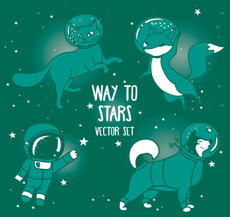 cute doodle astronaut and animal-astronaut floating in space, set of vector illustrationsのイラスト素材