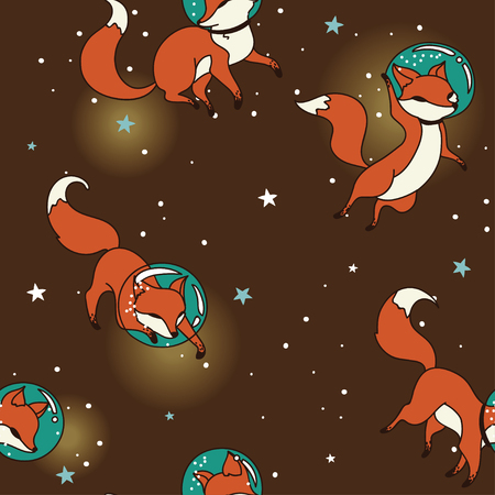 Cosmic seamless pattern, cute doodle fox-astronauts floating in space, vector illustrationのイラスト素材