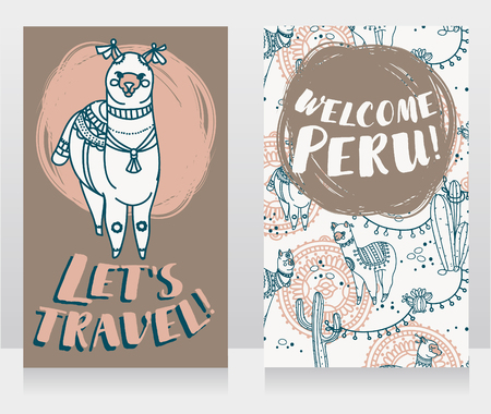 two banner for travel to Peru with cute doodle alapacas, vector illustrationのイラスト素材