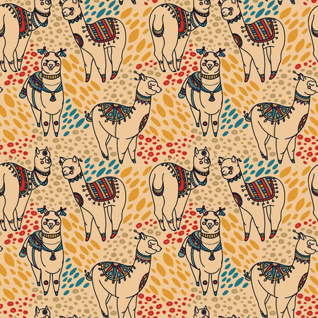 seamless pattern with cute doodle alapaca in boho style, vector illustrationのイラスト素材