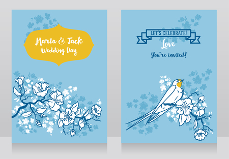 Cards for wedding with blooming tree branches and swallows couple, classic style design, vector illustrationのイラスト素材