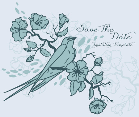 Card with blooming tree branches and sitting swallow, vector illustrationのイラスト素材