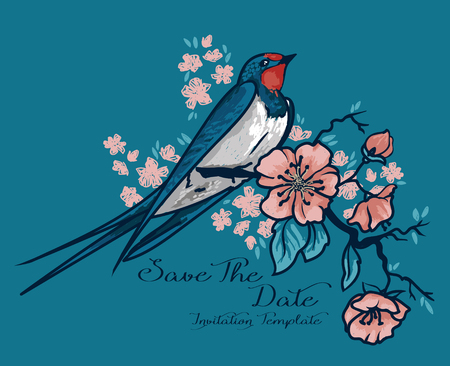 Card with blooming tree branches and sitting swallow, vector illustrationのイラスト素材