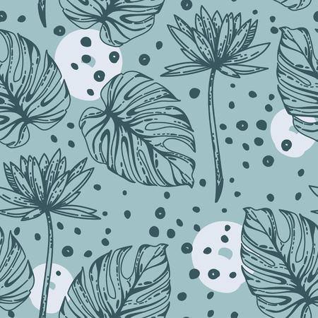 Seamless pattern with lotus flowers, monstera leves and hand drawn dots, vector illustrationのイラスト素材