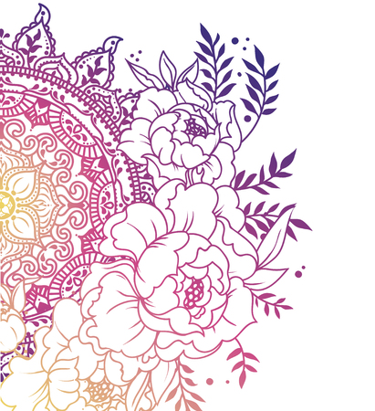 beautiful poster with shining peonies and mandala ornamentのイラスト素材