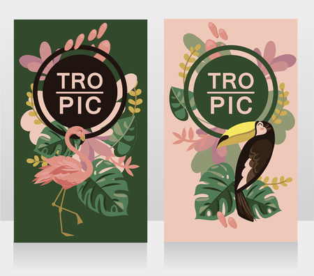 cards with cexotic birds and tropical leavesのイラスト素材