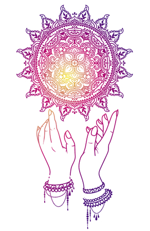 Beautiful indian magical mandala and female handsのイラスト素材