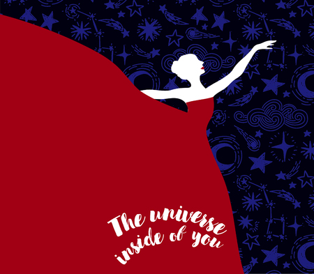 Ballerina in red dress on starry backgroundのイラスト素材