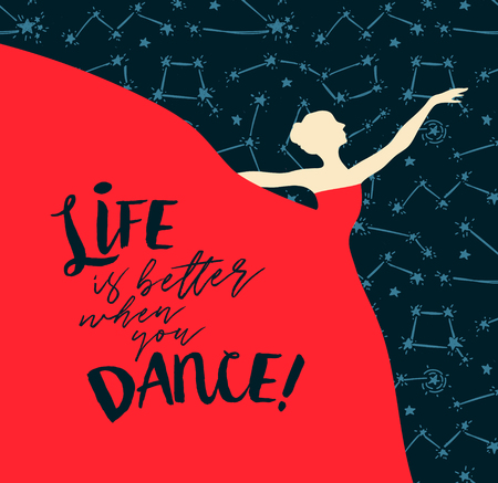 Ballerina in red dress on starry backgroundのイラスト素材