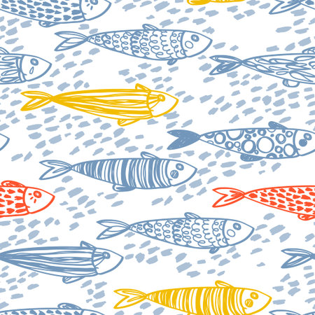 Seamless pattern with cute doodle sardinesのイラスト素材
