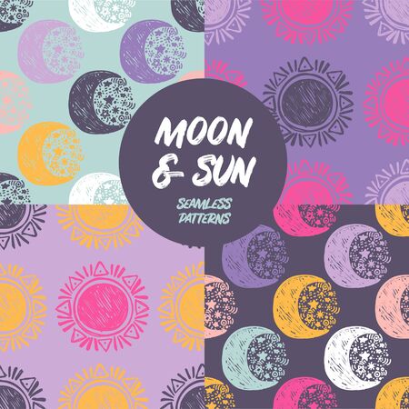 Set of seamless patterns with doodle moons and sunsのイラスト素材