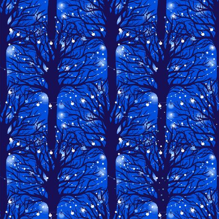 Seamless pattern with holiday trees and lights in the nightのイラスト素材