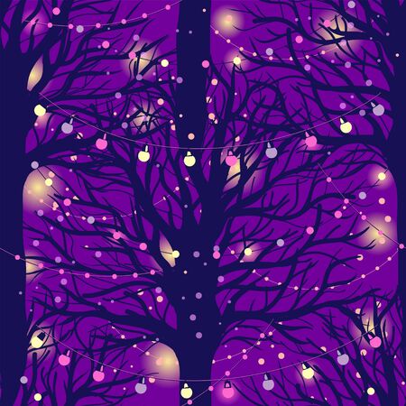Seamless pattern with holiday trees and lights in the nightのイラスト素材