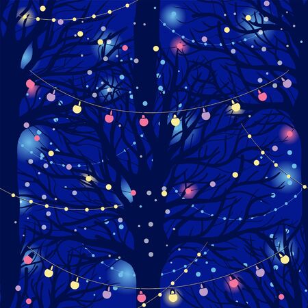 Seamless pattern with holiday trees and lights in the nightのイラスト素材