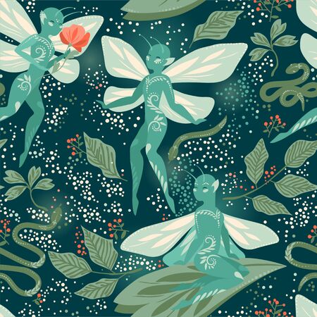 Seamless fantasy pattern with cute fairies in the magical forestのイラスト素材