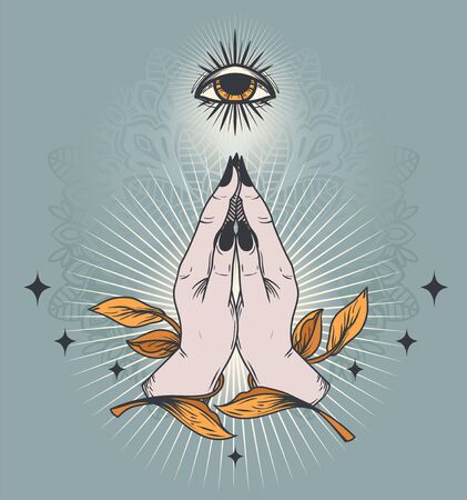 Poster hands in pray and shinig eye, symbol of faith and self-knowledgeのイラスト素材