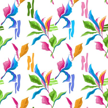 Seamless pattern with colorful creative leaves on white background, tropial colorsのイラスト素材