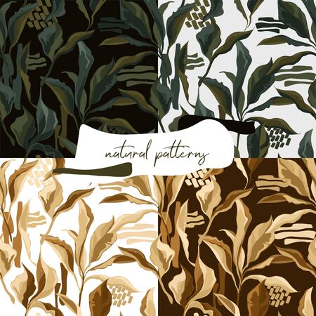 Set of seamless patterns with elegant creative leaves, autumn colorsのイラスト素材