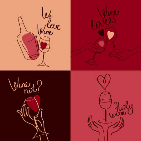 Set of four banners for wine bar and wine lovers, can be used for valentine's day, retro palette, vector illustrationのイラスト素材